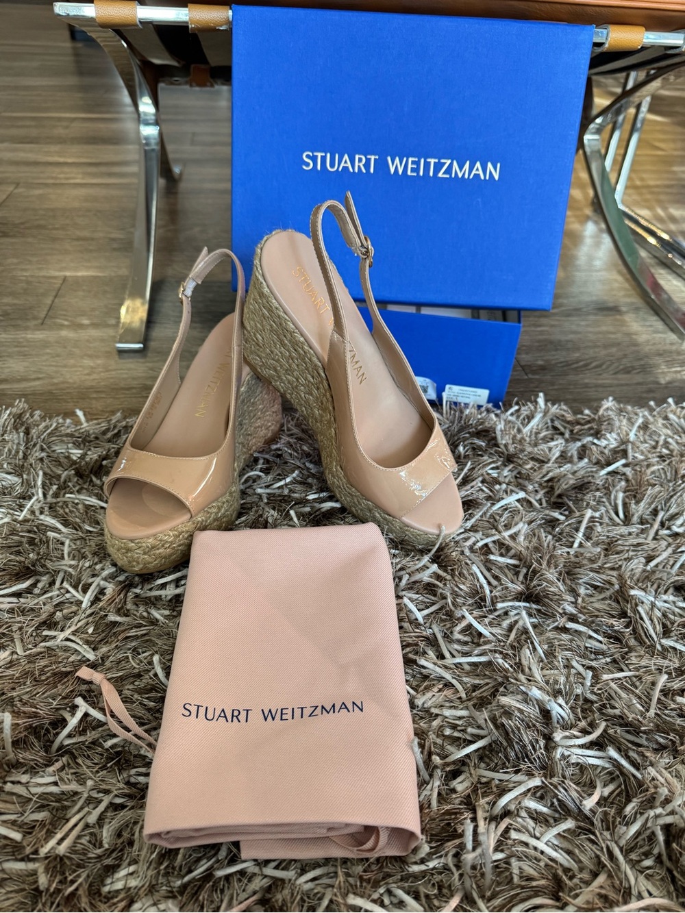 Stuart Weitzman Nude Patent Espadrille Slingback Wedges 8.5